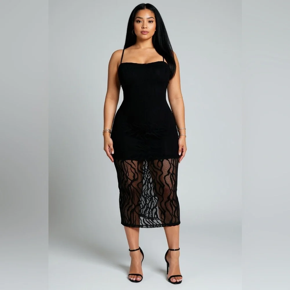 Elegant Black Sheer Midi Dress - Picture 3 of 7